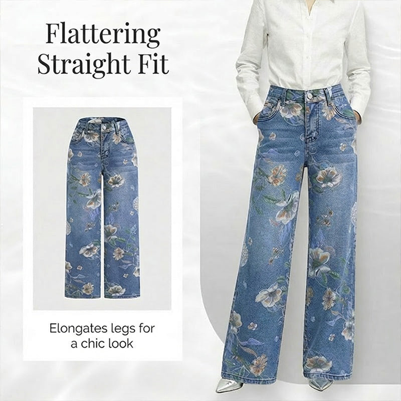 👖Damenjeans mit Blumenmuster und geradem Bein【BEI 2 ARTIKELN VERSANDKOSTENFREI】✨