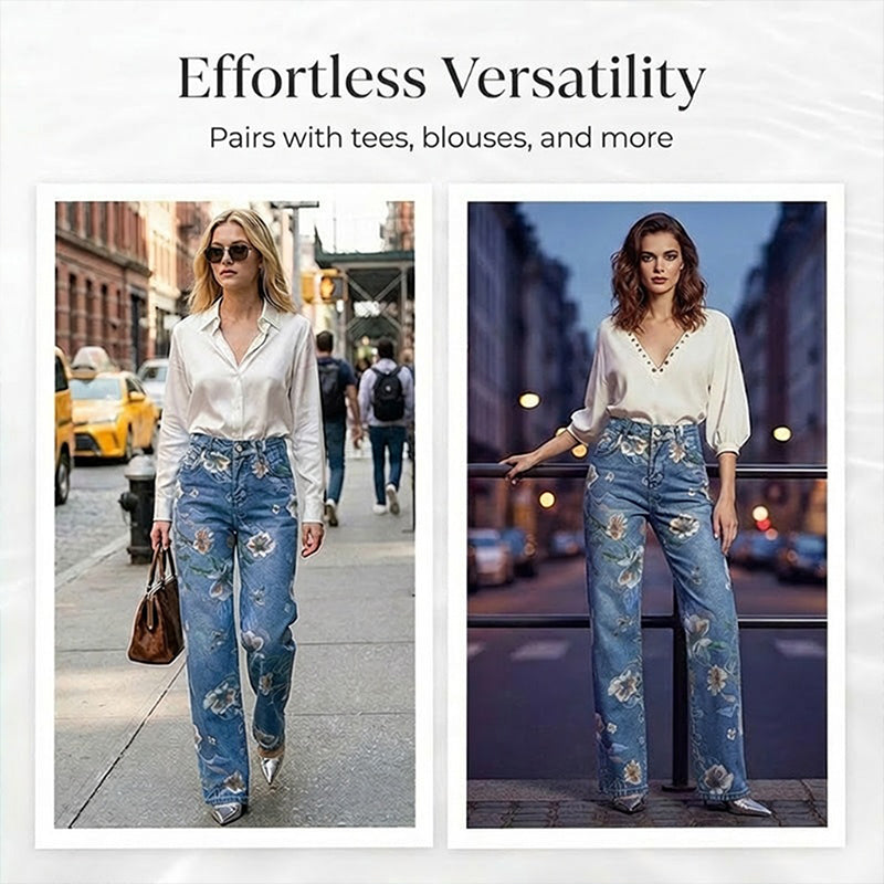 👖Damenjeans mit Blumenmuster und geradem Bein【BEI 2 ARTIKELN VERSANDKOSTENFREI】✨