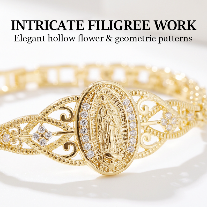 Goldene Maria Armband – Geometrisches Design mit Filigran Blumenmotiv und Kettenband