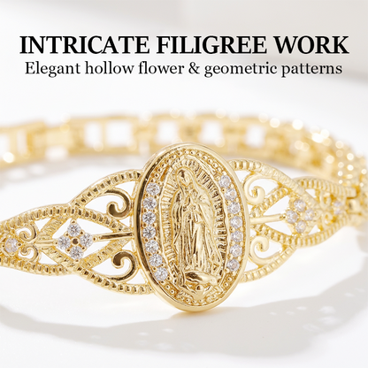 Goldene Maria Armband – Geometrisches Design mit Filigran Blumenmotiv und Kettenband