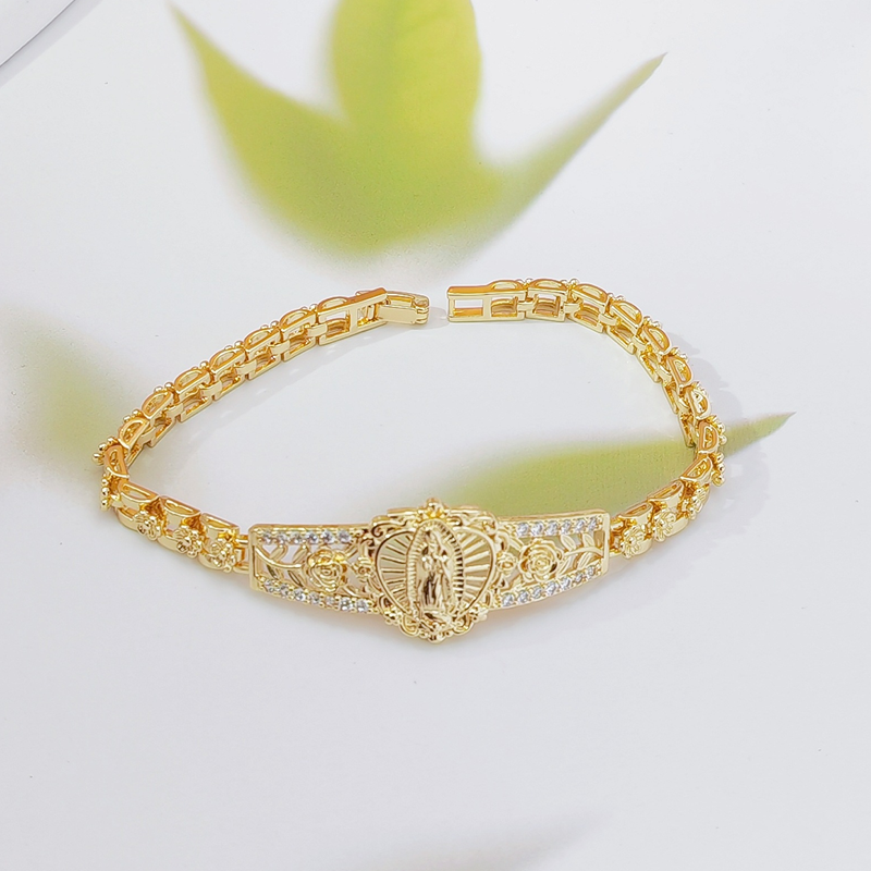 Goldene Maria Armband – Geometrisches Design mit Filigran Blumenmotiv und Kettenband