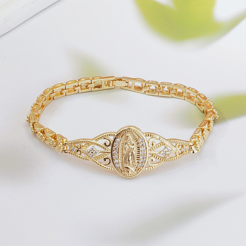 Goldene Maria Armband – Geometrisches Design mit Filigran Blumenmotiv und Kettenband