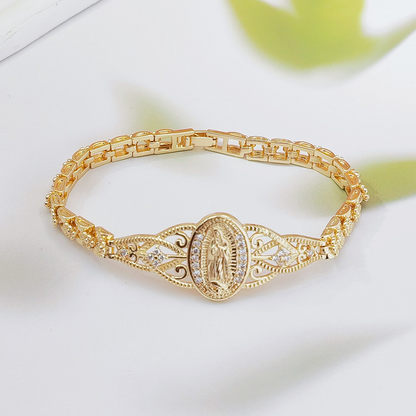 Goldene Maria Armband – Geometrisches Design mit Filigran Blumenmotiv und Kettenband