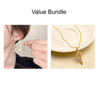 Funkelnde Kreuz-Anhänger-Ohrringe & Halskette