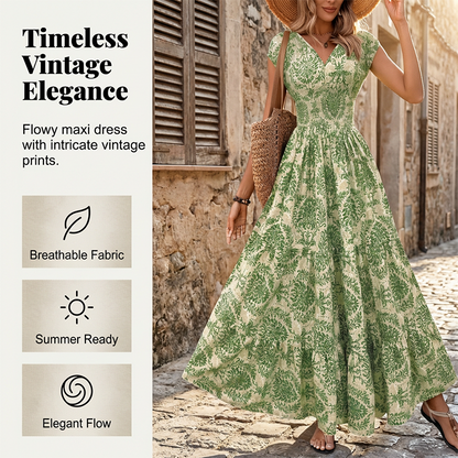 🌸Damen Maxikleid mit V-Ausschnitt, Blumenmuster und geraffter Taille