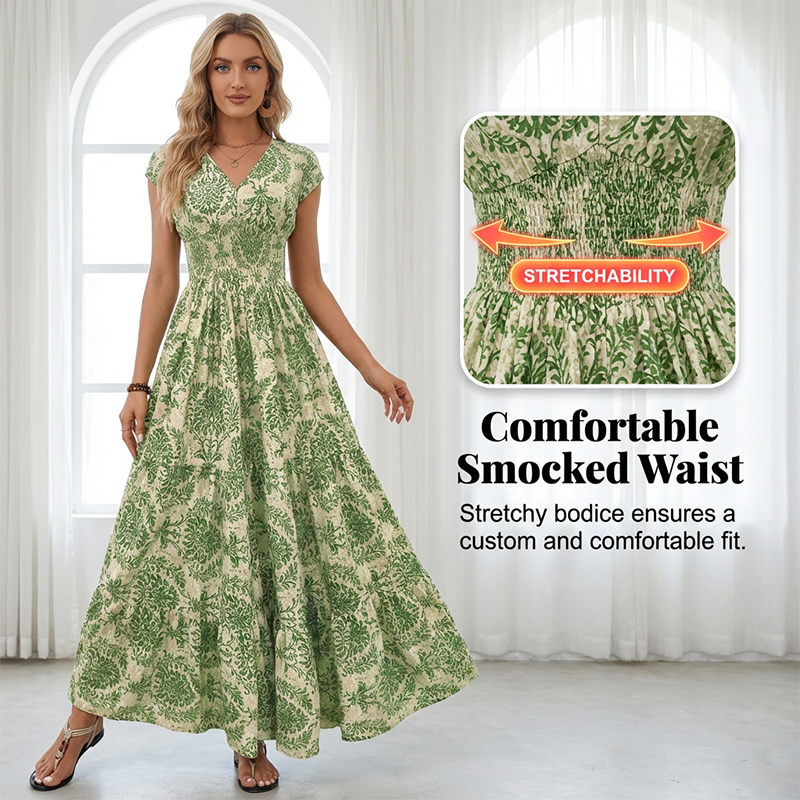 🌸Damen Maxikleid mit V-Ausschnitt, Blumenmuster und geraffter Taille
