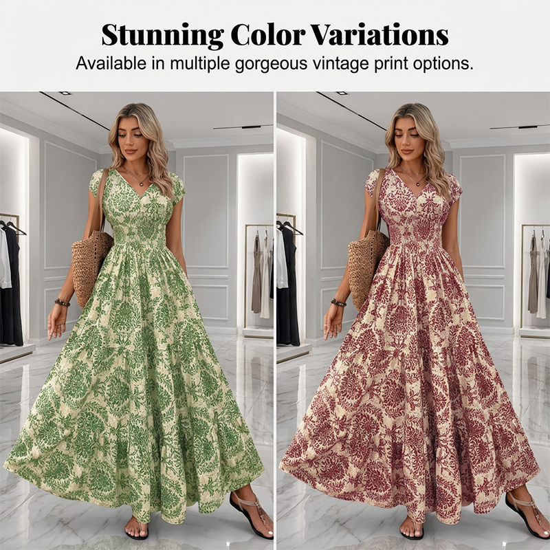 🌸Damen Maxikleid mit V-Ausschnitt, Blumenmuster und geraffter Taille