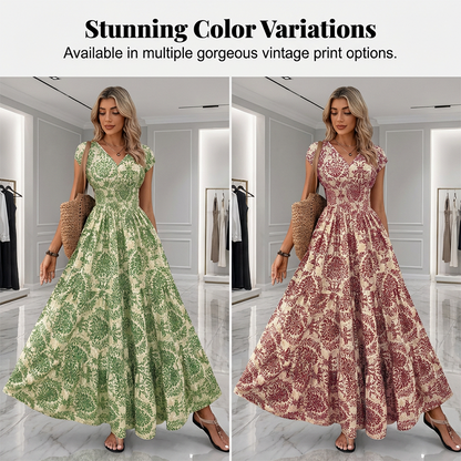 🌸Damen Maxikleid mit V-Ausschnitt, Blumenmuster und geraffter Taille