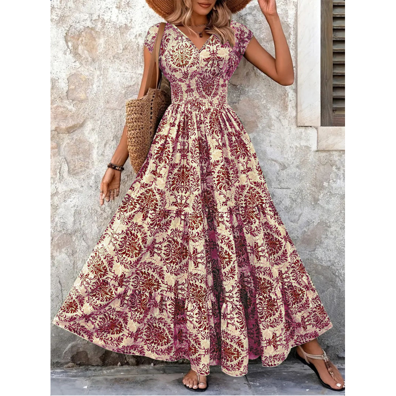 🌸Damen Maxikleid mit V-Ausschnitt, Blumenmuster und geraffter Taille