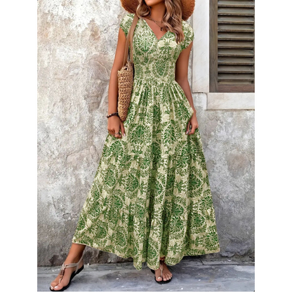 🌸Damen Maxikleid mit V-Ausschnitt, Blumenmuster und geraffter Taille