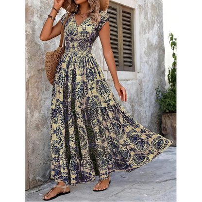 🌸Damen Maxikleid mit V-Ausschnitt, Blumenmuster und geraffter Taille