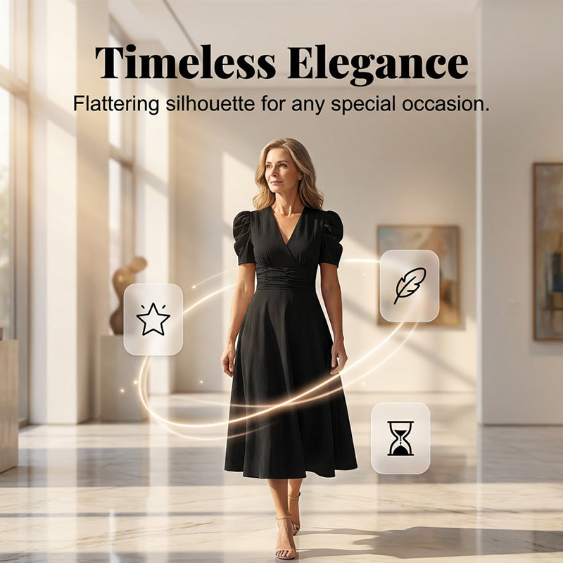 🥳2026 HEISSVERKAUF🥳💞50K+ VERKAUFT!💥💕🌿 50% RABATT! Elegantes Puffärmel-Kleid – V-Ausschnitt & hohe Taille für eine Sanduhr-Silhouette. Atmungsaktiv, knitterarm. Perfekt für reife Frauen. 👗✅