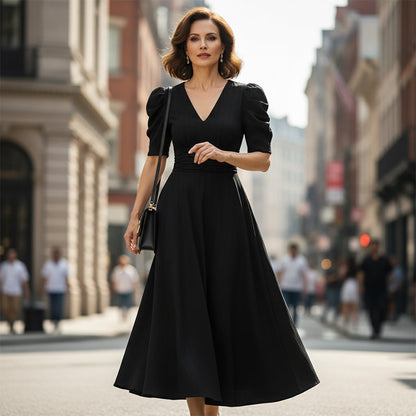 🥳2026 HEISSVERKAUF🥳💞50K+ VERKAUFT!💥💕🌿 50% RABATT! Elegantes Puffärmel-Kleid – V-Ausschnitt & hohe Taille für eine Sanduhr-Silhouette. Atmungsaktiv, knitterarm. Perfekt für reife Frauen. 👗✅