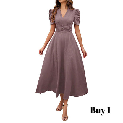 🥳2026 HEISSVERKAUF🥳💞50K+ VERKAUFT!💥💕🌿 50% RABATT! Elegantes Puffärmel-Kleid – V-Ausschnitt & hohe Taille für eine Sanduhr-Silhouette. Atmungsaktiv, knitterarm. Perfekt für reife Frauen. 👗✅