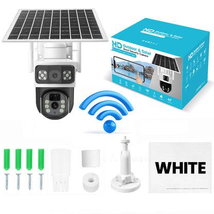 Solarbetriebene Überwachungskamera mit Akku – Dual-Objektiv, 3-geteiltes Bild, HD-Nachtsicht – per App steuerbar für Zuhause☀️🔋