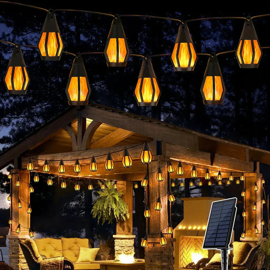 Neue IP65 Solar-LED-Lichterkette, Flammenoptik, wasserdicht, für den Außenbereich, mit Sensor, für Gärten, Innenhöfe und Camping, 360°-Abstrahlwinkel
