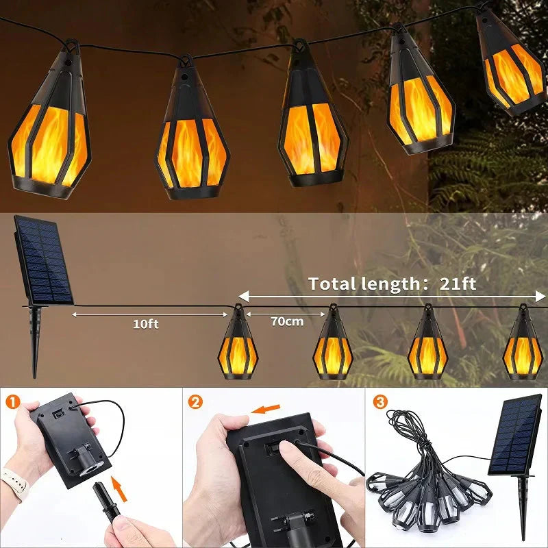 Neue IP65 Solar-LED-Lichterkette, Flammenoptik, wasserdicht, für den Außenbereich, mit Sensor, für Gärten, Innenhöfe und Camping, 360°-Abstrahlwinkel