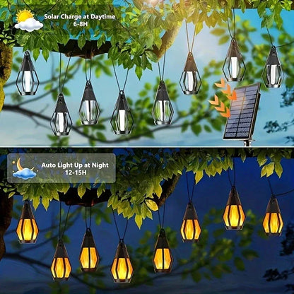 Neue IP65 Solar-LED-Lichterkette, Flammenoptik, wasserdicht, für den Außenbereich, mit Sensor, für Gärten, Innenhöfe und Camping, 360°-Abstrahlwinkel