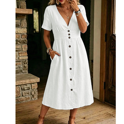 ✨Neue Sonderangebote-Sommerkleid für Damen mit V-Ausschnitt und Knopfleiste