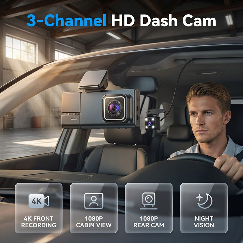 📹 NUR FÜR BEGRENZTE ZEIT: 50% RABATT! ✨ 3-Kanal-Dashcam in 1080p – Kamera für vorne, hinten und den Innenraum, mit Wi-Fi ✨