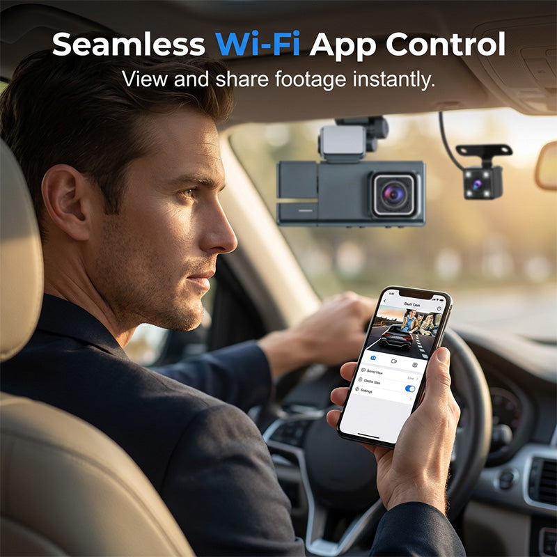 📹 NUR FÜR BEGRENZTE ZEIT: 50% RABATT! ✨ 3-Kanal-Dashcam in 1080p – Kamera für vorne, hinten und den Innenraum, mit Wi-Fi ✨