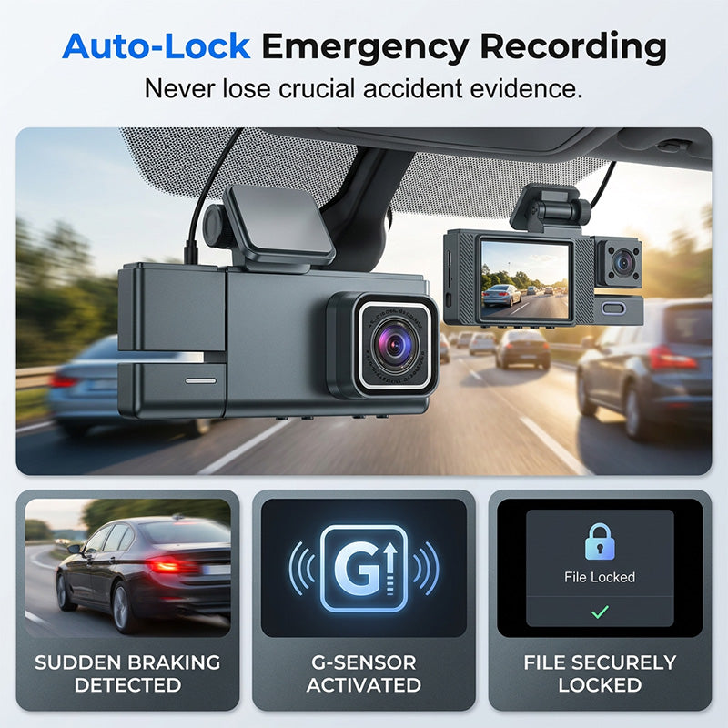 📹 NUR FÜR BEGRENZTE ZEIT: 50% RABATT! ✨ 3-Kanal-Dashcam in 1080p – Kamera für vorne, hinten und den Innenraum, mit Wi-Fi ✨