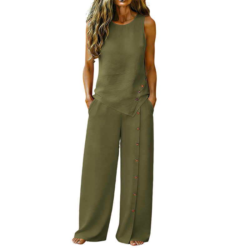 👕 NUR FÜR BEGRENZTE ZEIT: 55 % RABATT! ✨ 2-teiliges Set für Damen – ärmelloses Oberteil, Hose mit weitem Bein, 8 Farben 🌿