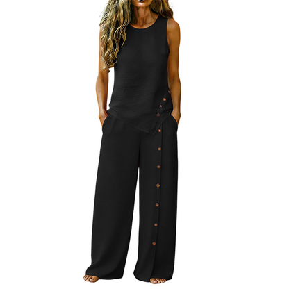 👕 NUR FÜR BEGRENZTE ZEIT: 55 % RABATT! ✨ 2-teiliges Set für Damen – ärmelloses Oberteil, Hose mit weitem Bein, 8 Farben 🌿