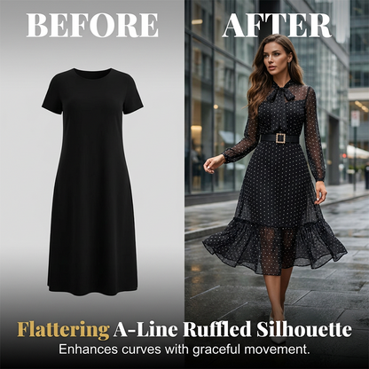 Elegantes Midikleid mit Polka-Dots und Schleifenkragen