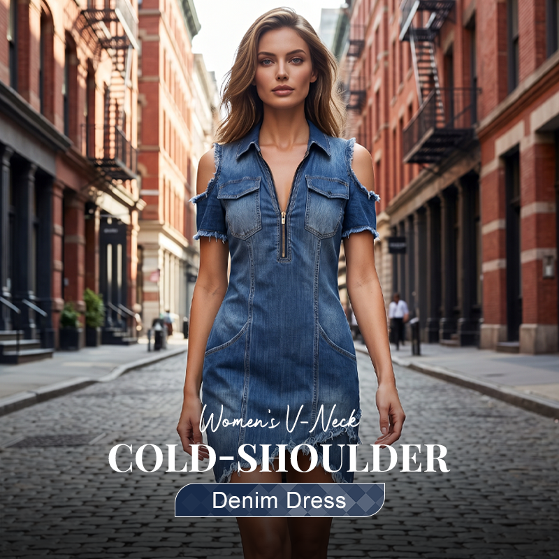 👖 NUR FÜR BEGRENZTE ZEIT: 53 % RABATT! ✨ Damen-Jeanskleid mit freien Schultern – V-Ausschnitt, fließend, Boho-Stil 🌼