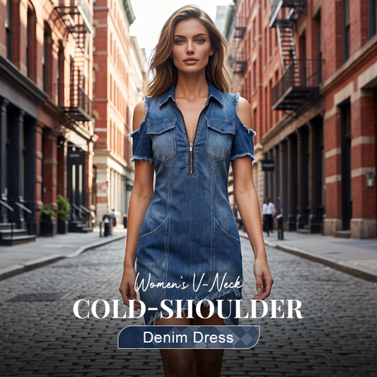 ✨ Damen-Jeanskleid mit freien Schultern – V-Ausschnitt, fließend, Boho-Stil 🌼