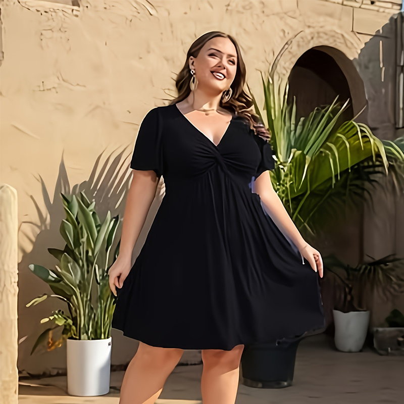 Elegantes V-Ausschnitt-Kleid mit gedrehtem Vorderteil und Taschen