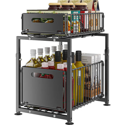 💪🥫 BLITZANGEBOT 50% RABATT! Doppelstöckiges Ausziehregal Schrankorganizer – 5 Höhenstufen, 2 Ebenen, Kohlenstoffstahl, Große Kapazität, Keine Montage ✨