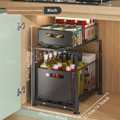 💪🥫 BLITZANGEBOT 50% RABATT! Doppelstöckiges Ausziehregal Schrankorganizer – 5 Höhenstufen, 2 Ebenen, Kohlenstoffstahl, Große Kapazität, Keine Montage ✨