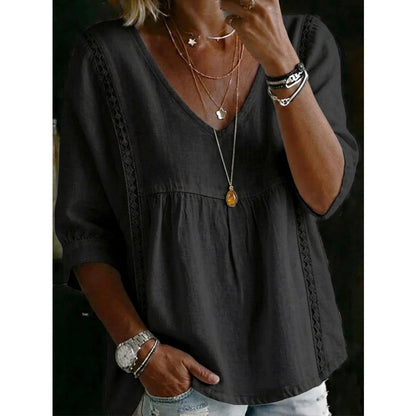 👚 NUR FÜR KURZE ZEIT: 50 % RABATT! ✨ Damen-Top mit V-Ausschnitt und Spitzenbesatz – im Boho-Stil, Empire-Taille, 3/4-Ärmel 🌼