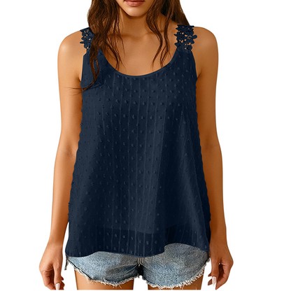 👕✨ 50% RABATT – NUR FÜR KURZE ZEIT! Elegantes Tanktop mit Spitzen-Trägern und Punktmuster – Lässig, feminin & perfekt für Sommer & Alltag ✨
