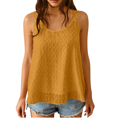 👕✨ 50% RABATT – NUR FÜR KURZE ZEIT! Elegantes Tanktop mit Spitzen-Trägern und Punktmuster – Lässig, feminin & perfekt für Sommer & Alltag ✨
