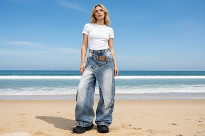 Damen Jeans mit asymmetrischem Bund und weitem Bein