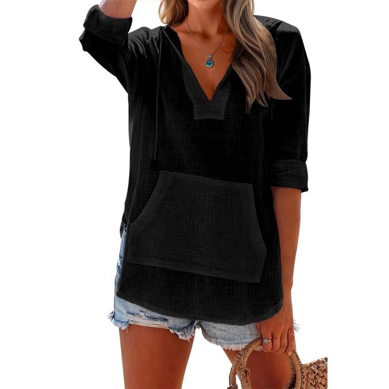 🌊 Sommer-Sale – 50 % sparen 💖 Damen-Shirt mit V-Ausschnitt, Kapuze und Tasche, Langarm