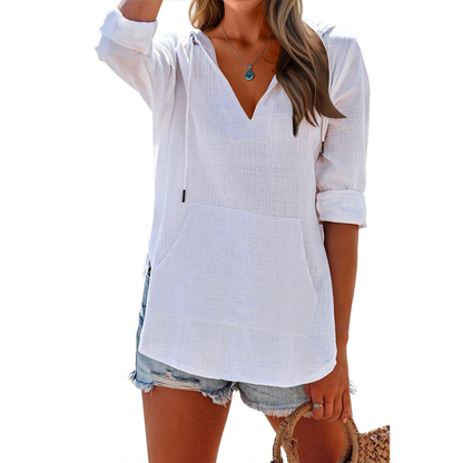🌊 Sommer-Sale – 50 % sparen 💖 Damen-Shirt mit V-Ausschnitt, Kapuze und Tasche, Langarm