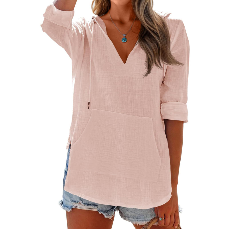 🌊 Sommer-Sale – 50 % sparen 💖 Damen-Shirt mit V-Ausschnitt, Kapuze und Tasche, Langarm