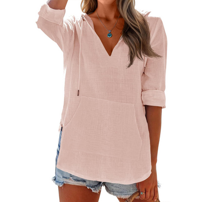 🌊 Sommer-Sale – 50 % sparen 💖 Damen-Shirt mit V-Ausschnitt, Kapuze und Tasche, Langarm