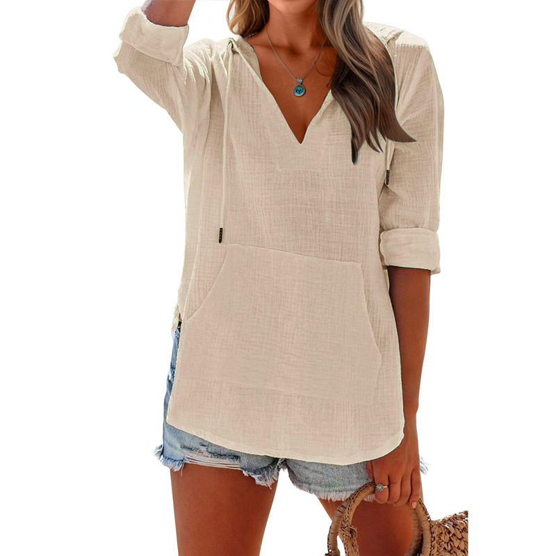 🌊 Sommer-Sale – 50 % sparen 💖 Damen-Shirt mit V-Ausschnitt, Kapuze und Tasche, Langarm