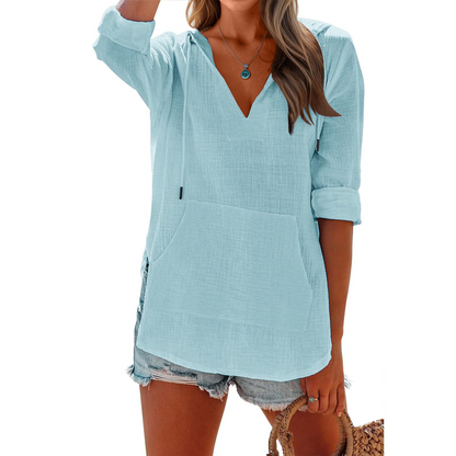 🌊 Sommer-Sale – 50 % sparen 💖 Damen-Shirt mit V-Ausschnitt, Kapuze und Tasche, Langarm