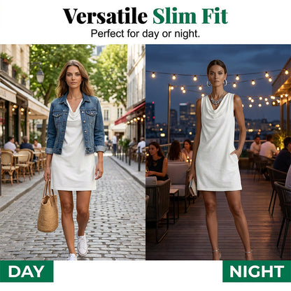 📢📢50% RABATT!! ⏰ Elegantes Slim-Fit-Kleid mit Wasserfallausschnitt – Ärmellos, Seitentaschen, Vielseitig ✨