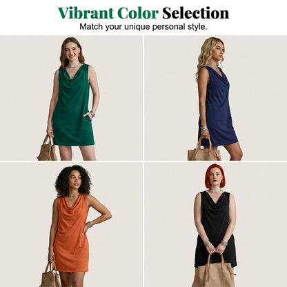 📢📢50% RABATT!! ⏰ Elegantes Slim-Fit-Kleid mit Wasserfallausschnitt – Ärmellos, Seitentaschen, Vielseitig ✨