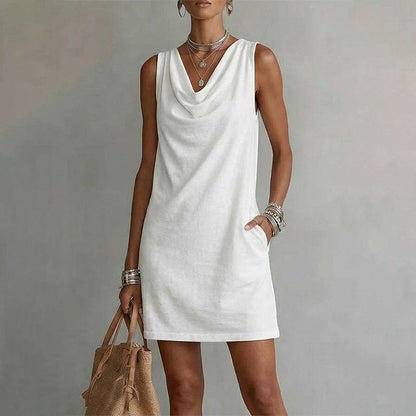 📢📢50% RABATT!! ⏰ Elegantes Slim-Fit-Kleid mit Wasserfallausschnitt – Ärmellos, Seitentaschen, Vielseitig ✨