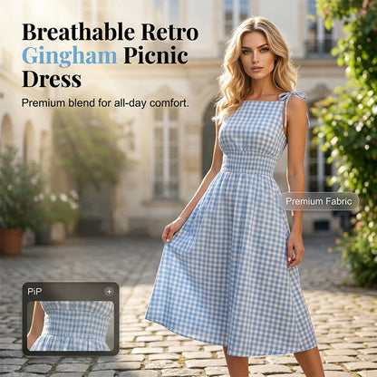 👗 Retro-Maxikleid in Karo-Optik – mit Smok-Oberteil & verstellbaren Trägern, bequem & elegant für Alltag, Strand & Sommer 🌸☀️