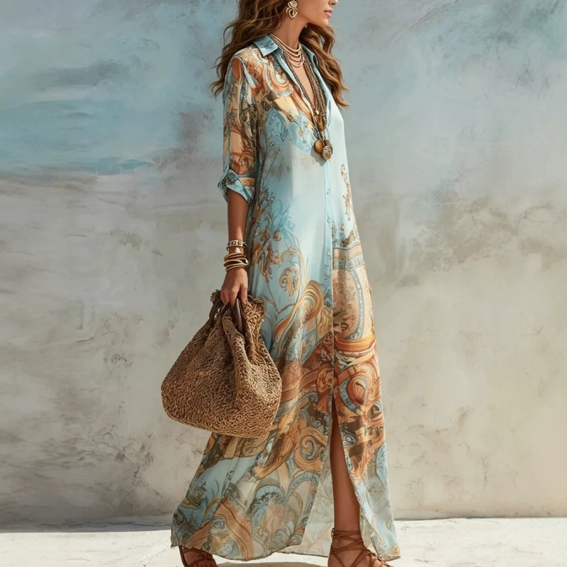 ✨ Exklusiv – 50 % RABATT! 👗 Elegantes Boho-Kleid mit Knopfleiste – Retro-Muster, fließende Silhouette & perfekt für Feste, Urlaub & Alltag 🌿