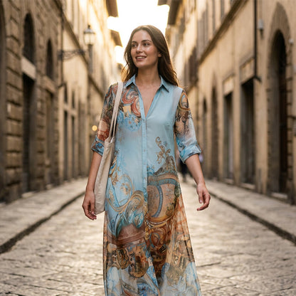 ✨ Exklusiv – 50 % RABATT! 👗 Elegantes Boho-Kleid mit Knopfleiste – Retro-Muster, fließende Silhouette & perfekt für Feste, Urlaub & Alltag 🌿